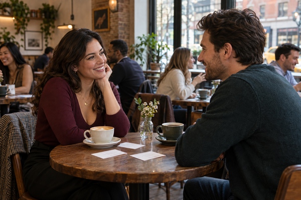Singles talking during a coffee shop speed-dating event in New York City