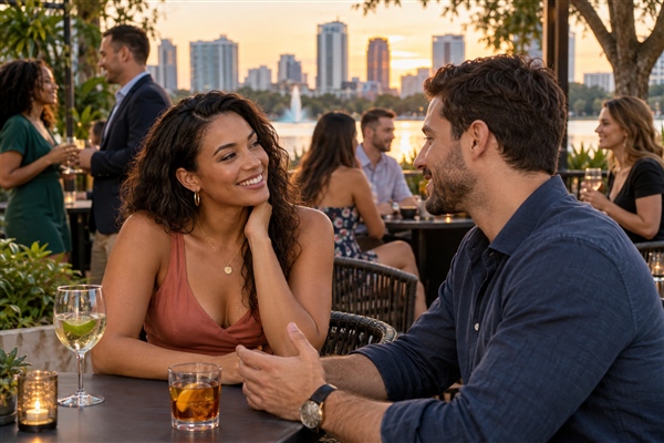 Singles talking at a relaxed matchmaking mixer beside Lake Eola in Orlando